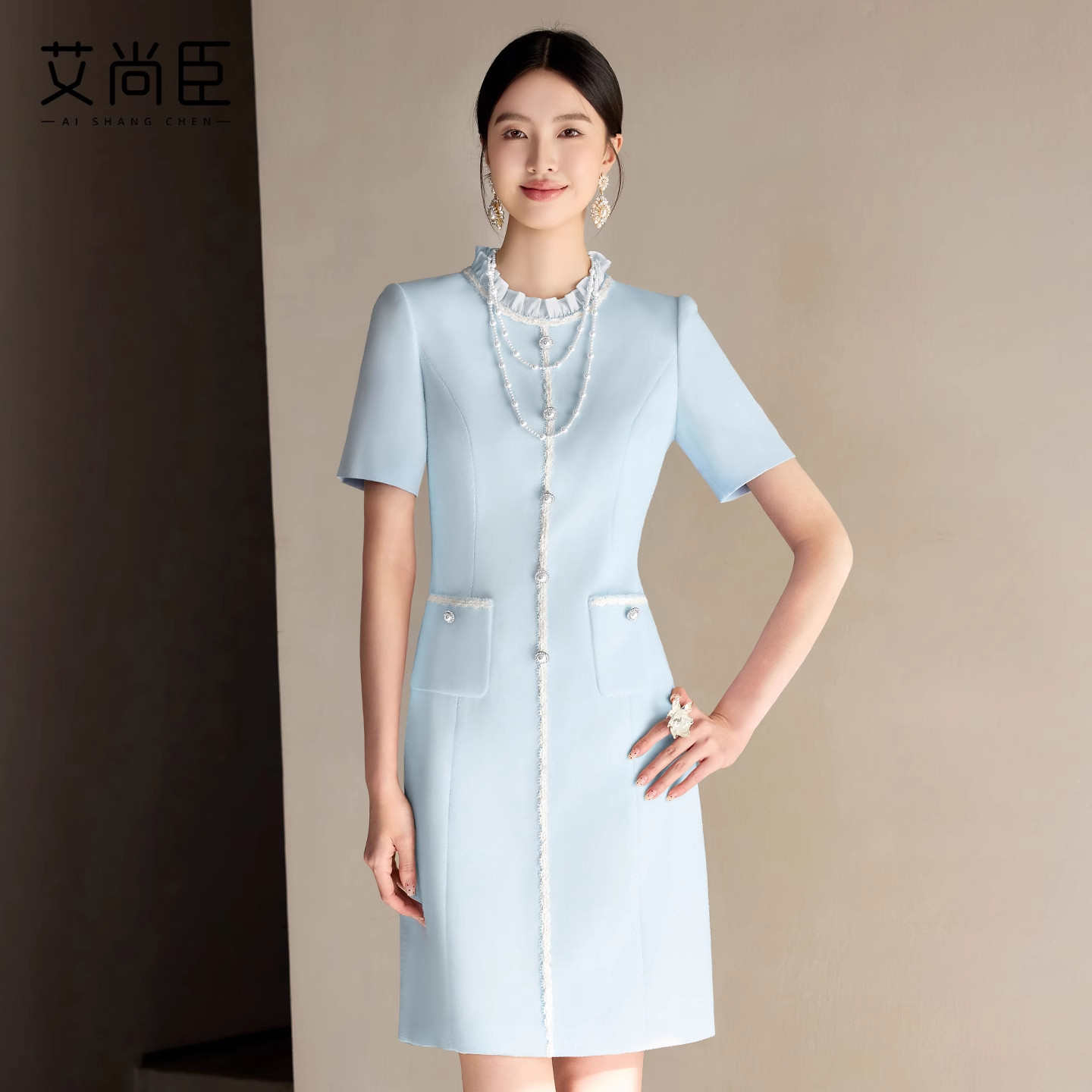 艾尚臣职业装连衣裙女夏季短袖优雅教资面试穿搭美容院店长工作服