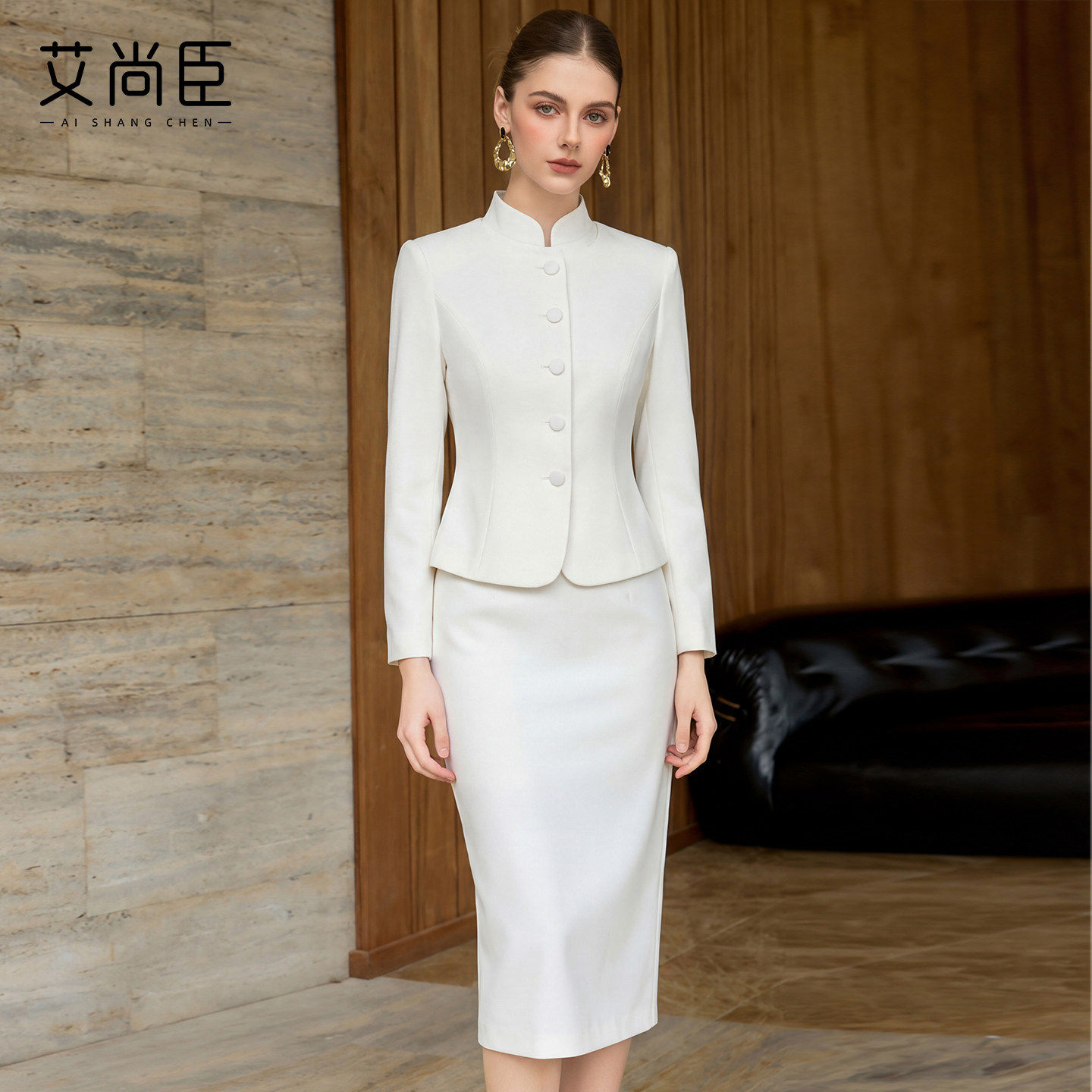 新中式国风立领西装套裙女爱尚臣职业套装旗袍裙迎宾主持人工作服
