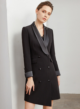 美容院双排扣女经理上班老板娘店长工作服黑色拼接领西装领连衣裙