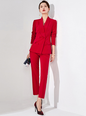 美容院店长职业装年会团建店庆婚庆服装红色西装套装女秋冬爱尚臣