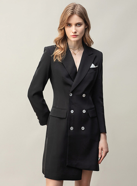 售楼部置业顾问珠宝店长黑色职业装工作服高端西装领连衣裙女气质