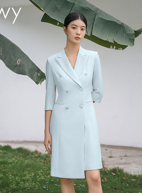 蓝绿色职业连衣裙女冯琳同款录课朗诵主持人上镜装案场客服西装裙