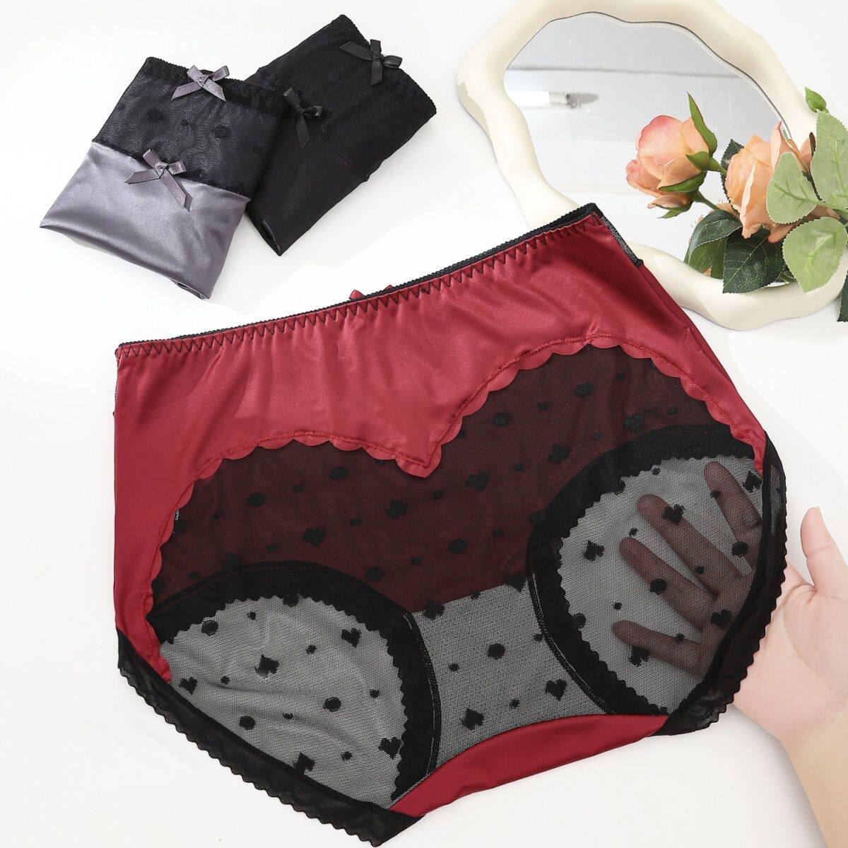 大码性感高腰蝴蝶结女士内裤胖mm网纱无痕透气透明蕾丝三角裤