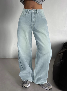 2026Women Casual loose jeans pants宽松阔腿直筒休闲浅色牛仔裤
