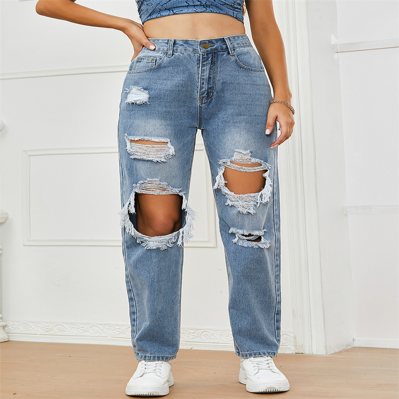 破洞紧身显瘦包臀洗水牛仔裤女