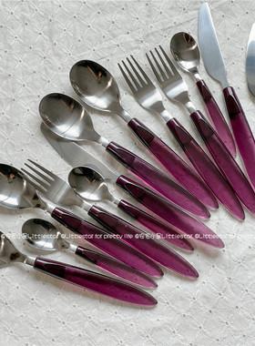 出口高级不锈钢刀叉勺餐具套装紫色手柄牛排刀欧式家用甜品勺送礼