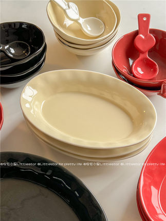 北欧ins不规则椭圆形鱼盘高级陶瓷西餐盘汤碗家用纯色甜品碗菜盘