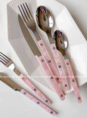 韩ins风粉色贝壳刀叉勺套装家用西餐牛排刀餐具甜品勺蛋糕水果叉