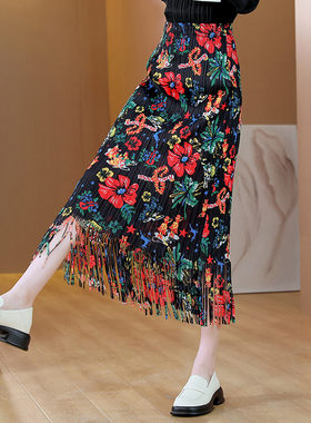 褶皱复古花卉黑色长裙女春夏干枯玫瑰中古流苏碎花半身百褶裙