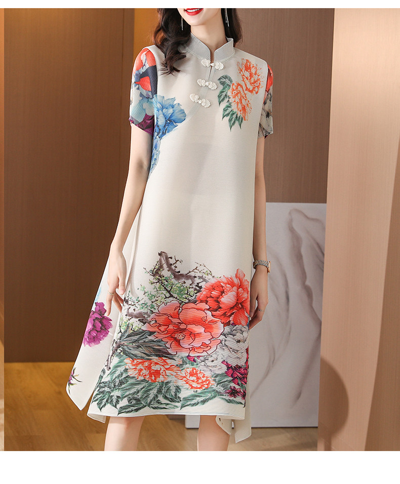 褶皱改良旗袍连衣裙妈妈春复古中国风印花洋气减龄大码弹簧抖抖裙