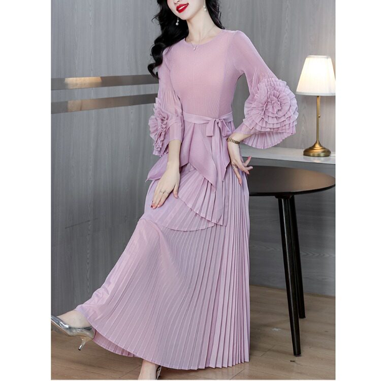 跨境外贸盘花袖不规则百褶弹力t恤超长半身裙2026春褶皱两件套装