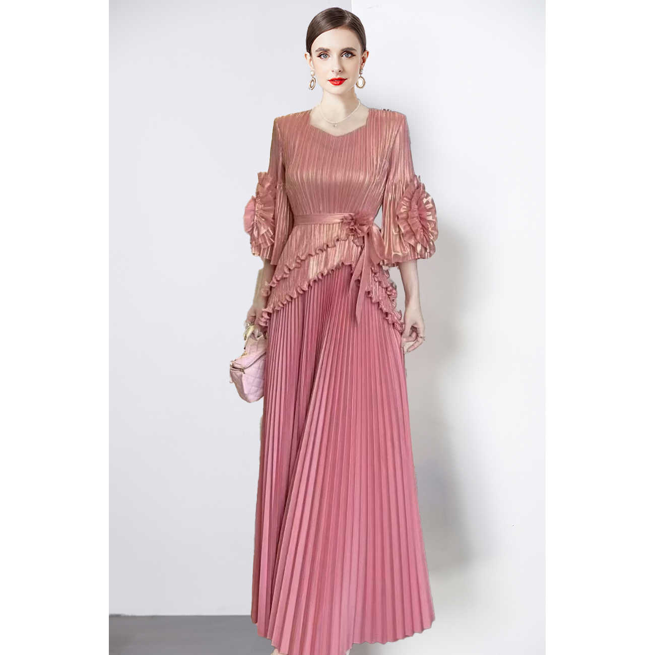 外贸褶皱烫金卷边盘花设计感系带t恤高腰百褶超长半身裙两件套装