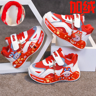 儿童加绒加厚棉鞋25冬款红色卡通女童雪地鞋防水防滑男童运动鞋