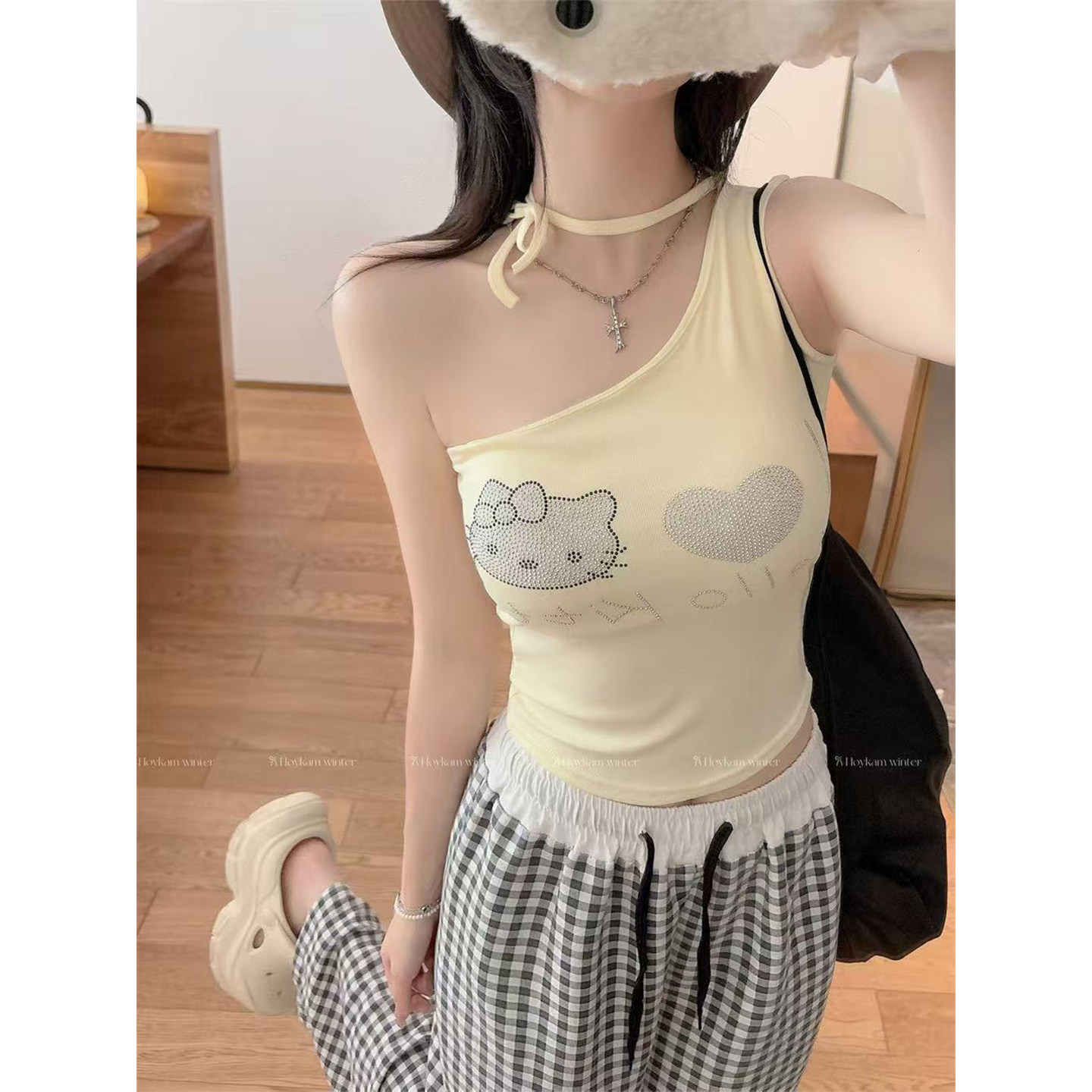 斜肩卡通爱心烫钻辣妹风甜酷绑带