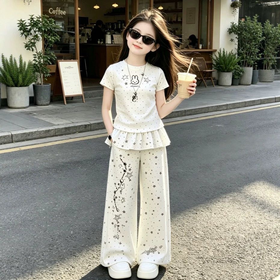 2026女童夏季透气波点T恤裤套装图片