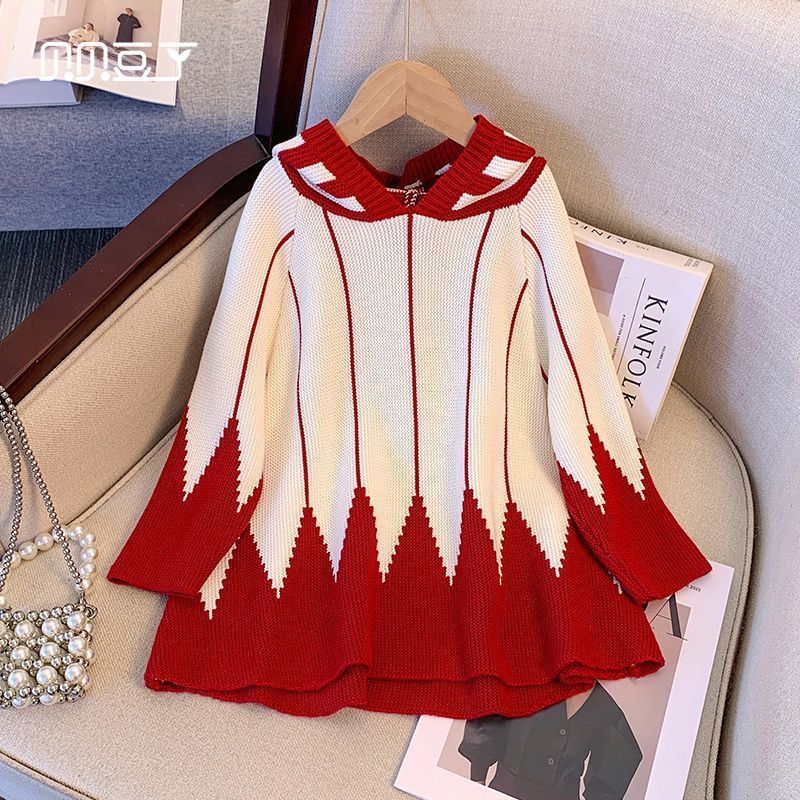 2025女童秋冬撞色连帽加厚针织衫