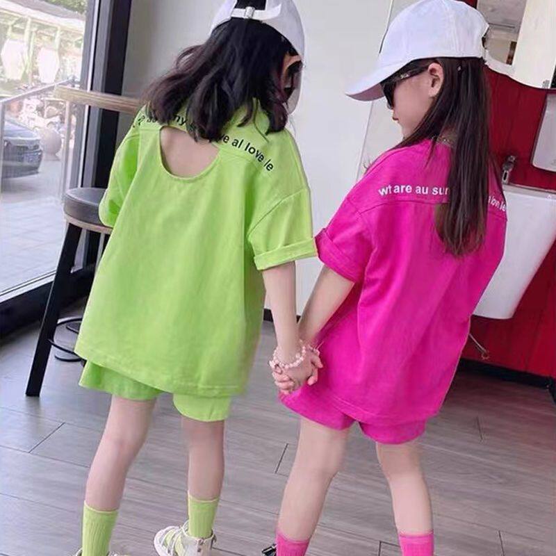 纯棉女童夏季露背T恤+短裤俩套装