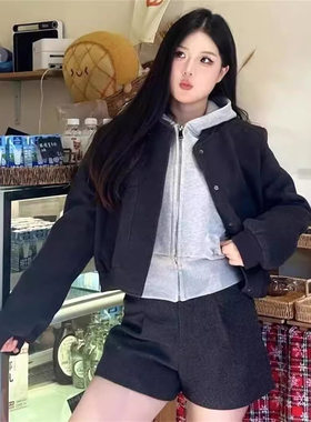 150cm小矮个子复古连帽短款外套春秋高级感休闲卫衣宽松棒球服xxs