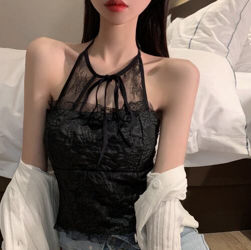 150矮个子春款性感蕾丝挂脖吊带背心露背短款打底上衣145小码xxs
