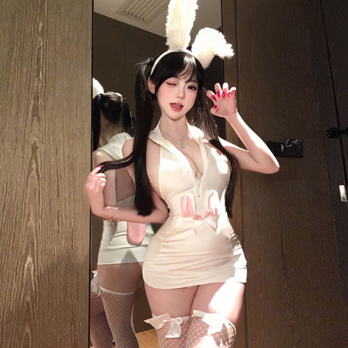 150cm小个子COS兔女郎包臀短裙性感V领露背连帽无袖连衣裙小码xxs