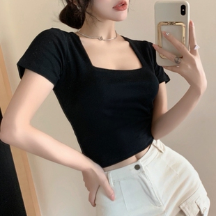 露肚脐上衣xxs小码 145 显瘦高腰短款 t恤修身 150cm矮个子方领短袖