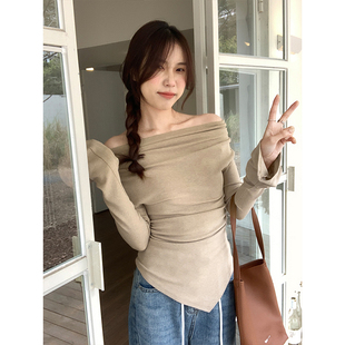 xxs小码 T恤打底衫 150cm矮个子设计感小众褶皱不规则荡领长袖 145