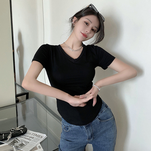 显瘦纯欲设计感小众上衣xxs 150cm矮个子V领纯棉修身 加小码 T恤145