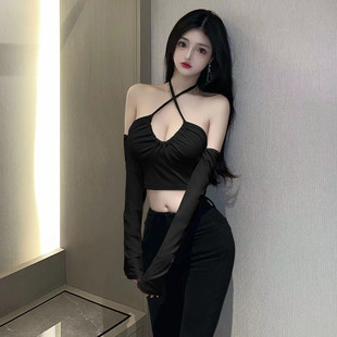 145/150矮个子辣妹上衣xs长袖挂脖镂空低胸短款修身上衣xxs加小码