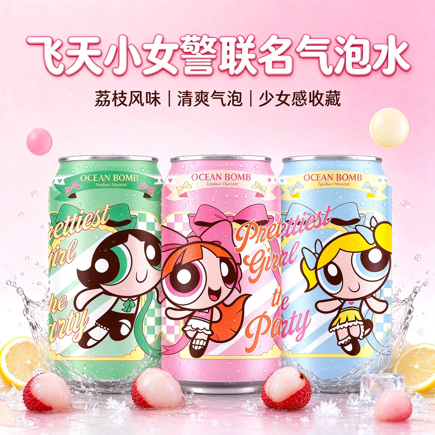 中国台湾OCEAN BOMB荔枝风味碳酸饮料飞天小女警果味进口汽水
