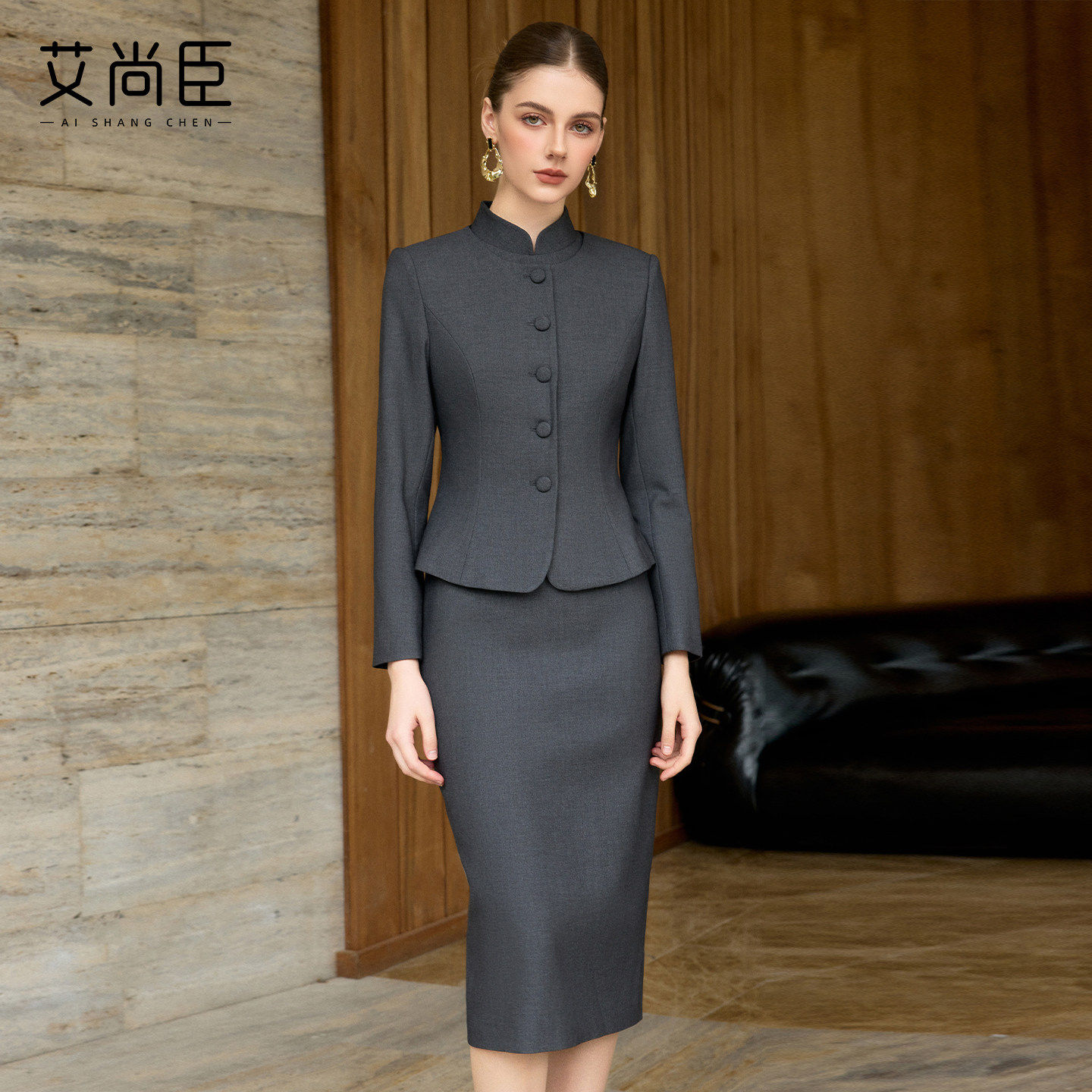 艾尚臣新中式旗袍立领西装女两件套商务正装前台接待OL职业套装裙