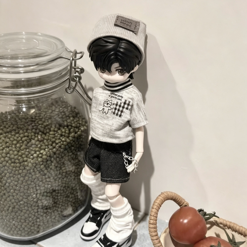 bjd8分12分娃衣少年感黑灰T恤短裤套装ob11阿巳体米甜1二三代衣服