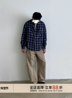 EMP Studio成衣水洗春秋复古宽松格子长袖衬衫男休闲纯棉叠穿衬衣
