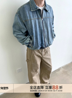 EMP Studio美式复古水洗做旧翻领牛仔外套男宽松短款休闲开衫夹克