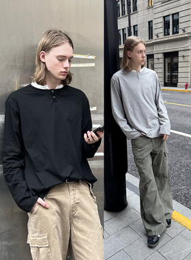 EMP经典亨利领美式复古宽松假两件长袖T恤男女Cleanfit纯色打底衫