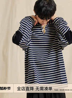 北山町2022秋季套头潮流宽松补丁长袖盘扣卫衣休闲条纹男女款上衣