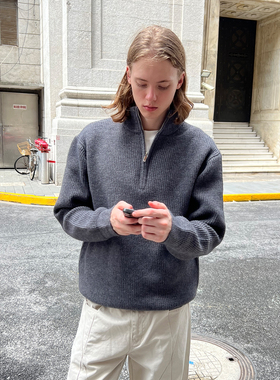 EMP 秋冬复古灰色抗条半开衫拉链毛衣男女潮牌宽松立领套头针织衫