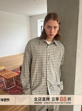 EMP 复古宽松翻领纯棉格子长袖衬衫男女Cleanfit短款休闲衬衣