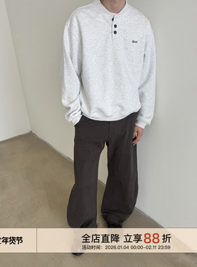 EMP Studio美式复古亨利领纽扣宽松刺绣短款套头卫衣男女Cleanfit