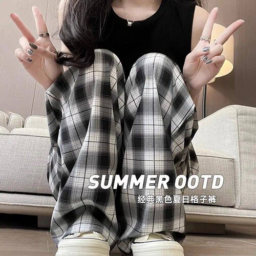 大码胖mm冰丝直筒裤女夏格子休闲