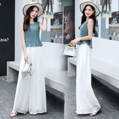 裙女夏季 薄款 大码 冰丝雪纺阔腿裤 宽松垂感飘逸高腰九分休闲长裤 子