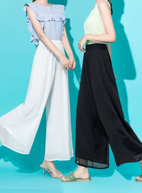 冰丝雪纺阔腿裙裤女夏季薄款宽松百搭垂感飘逸高腰九分休闲长裤子