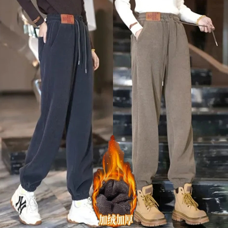 加绒加厚哈伦卫裤子女冬季雪尼尔羊羔绒保暖显瘦束脚高腰休闲长裤