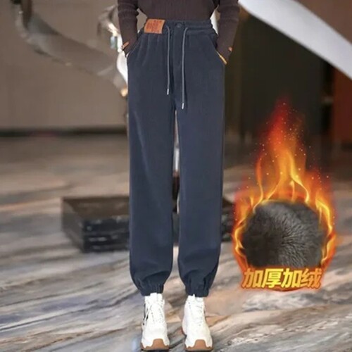 加绒加厚哈伦束脚休闲长裤女冬季