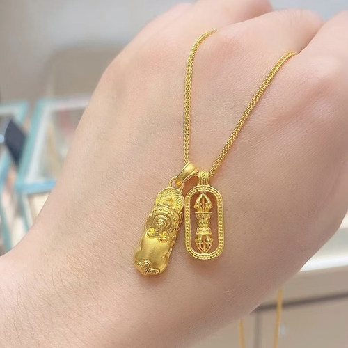 纯金黄金降魔杵吊坠项链挂坠咬金