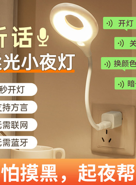 智能语音声控小夜灯USB插座式人工感应床头灯卧室睡眠家用小台灯