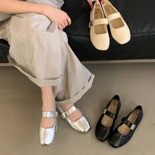平跟通勤黑色软皮单鞋 女鞋 子2025春秋季 方头配裙子玛丽珍晚晚瓢鞋