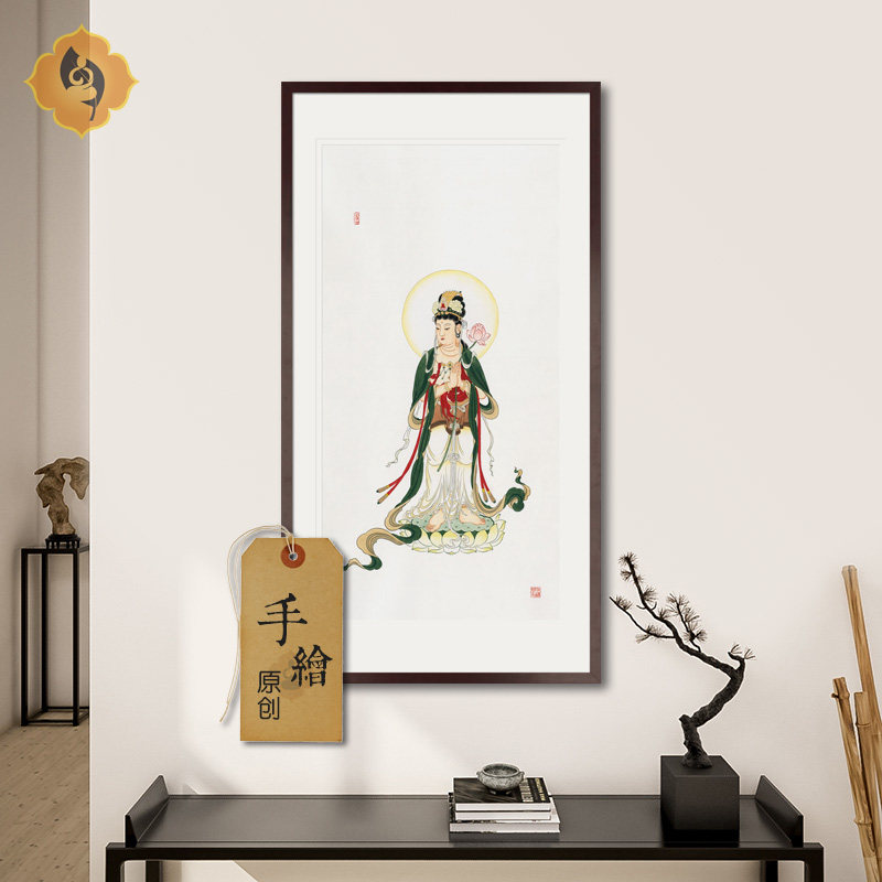 手绘真迹工笔人物国画持莲观音菩萨画像玄关书房中式挂画装饰画框