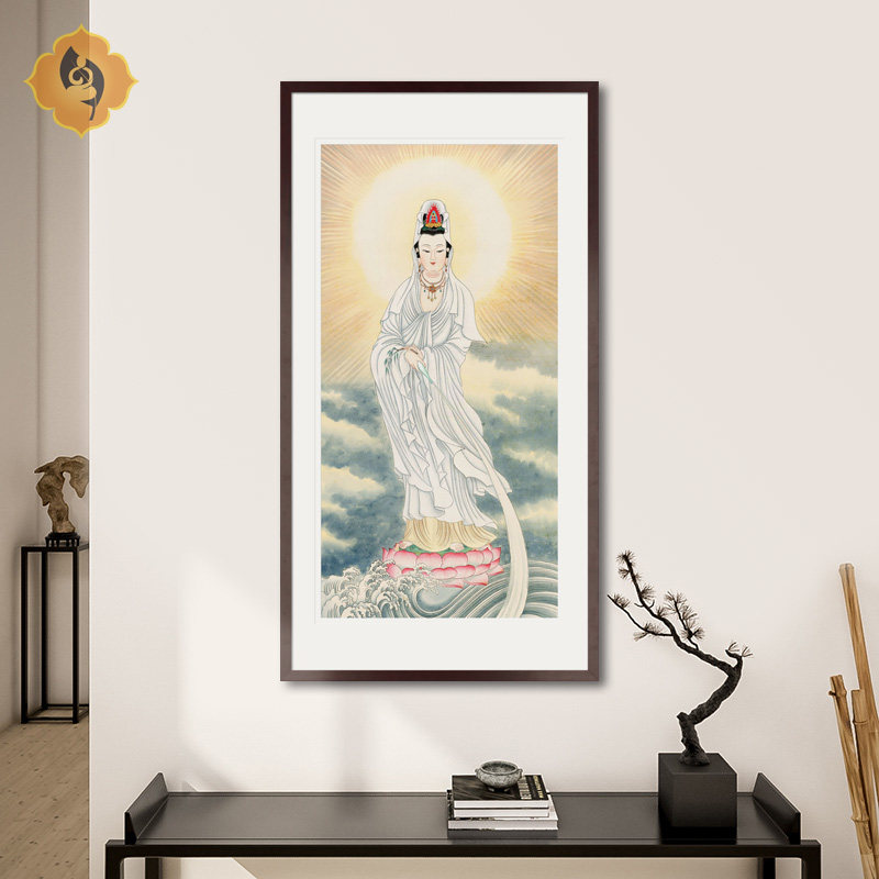 工笔佛像人物国画白衣观音菩萨画像玄关书房中式装饰画框卷轴挂画