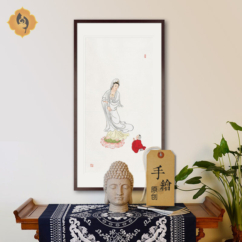 手绘真迹工笔人物佛像国画童子观音菩萨画像玄关佛堂中式装饰画框