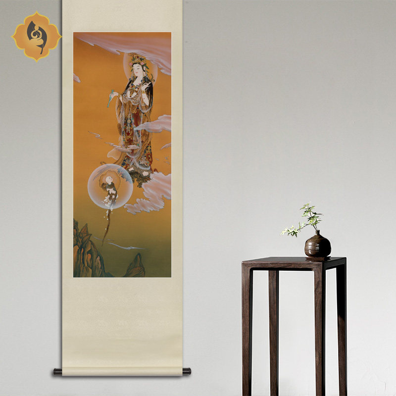 工笔人物国画送子观音菩萨画像玄关书房客厅中式装饰挂画卷轴画框